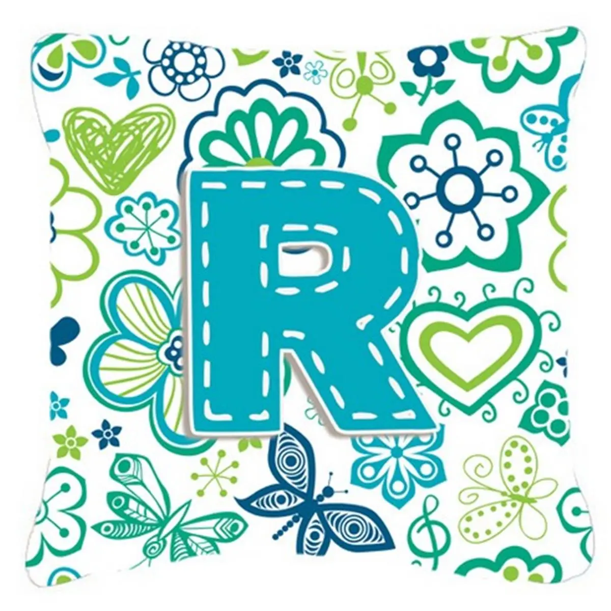 212 MAIN Creative Decorative Cushion, Letter R Teal Blue Canvas Fabric Pillow with Butterfly Accents and Floral Pattern, Decorative Look, Fade Resistant