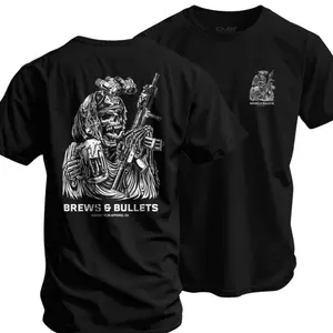 Brews & Bullets Men's T-Shirt, Vintage Tactical Skull Graphic, Combat Iron Style Streetwear, Premium Cotton Blend, Unisex Fit for Men and Women, Gift for Veterans