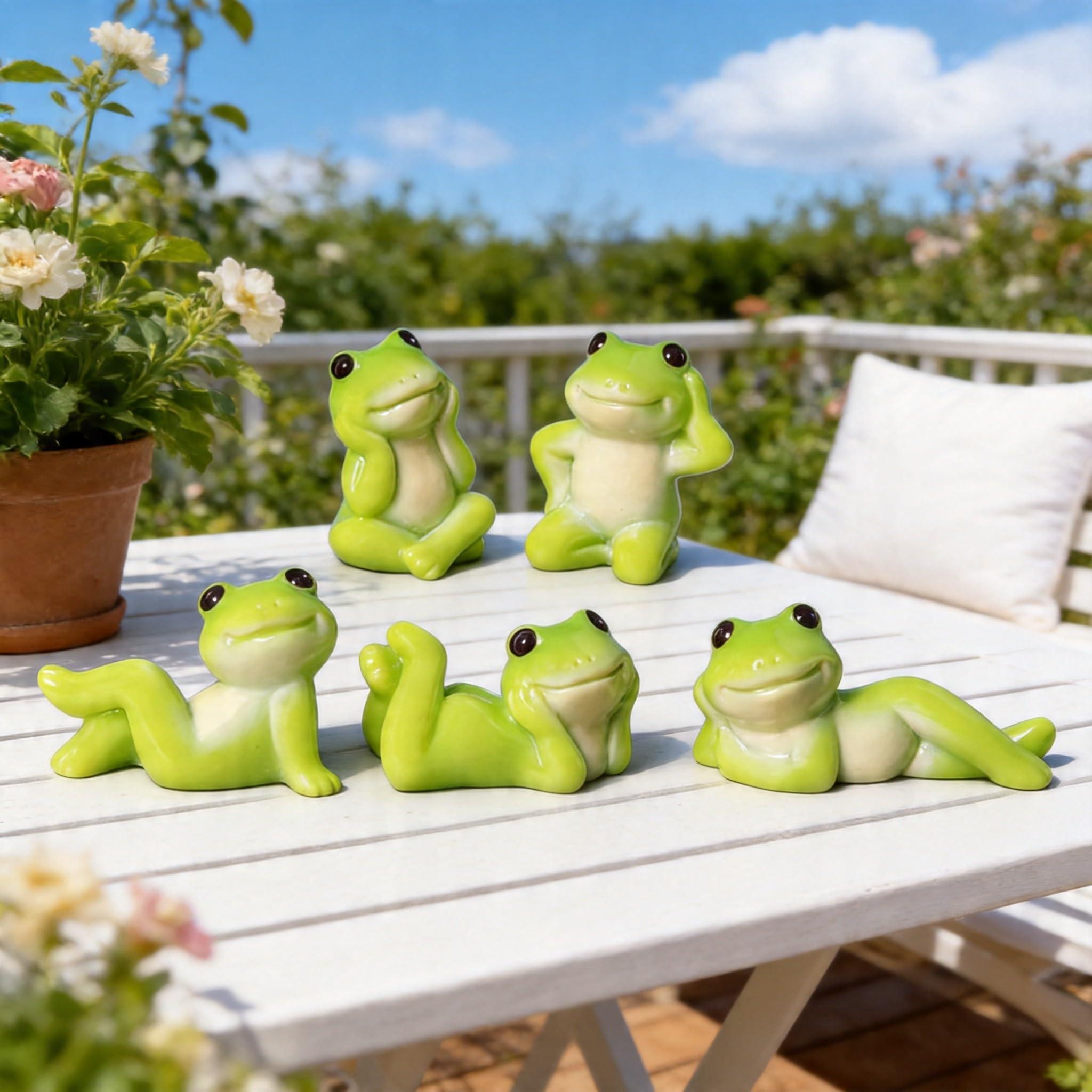6Pcs Cute Lazy Frog Resin Figurines Set, Miniature Green Frog Ornaments, Cottagecore Aesthetic Desk Decor for Workspace, Micro Landscape Fairy Garden Accessories, DIY Craft Decor & Party Favors for Frog Lovers.