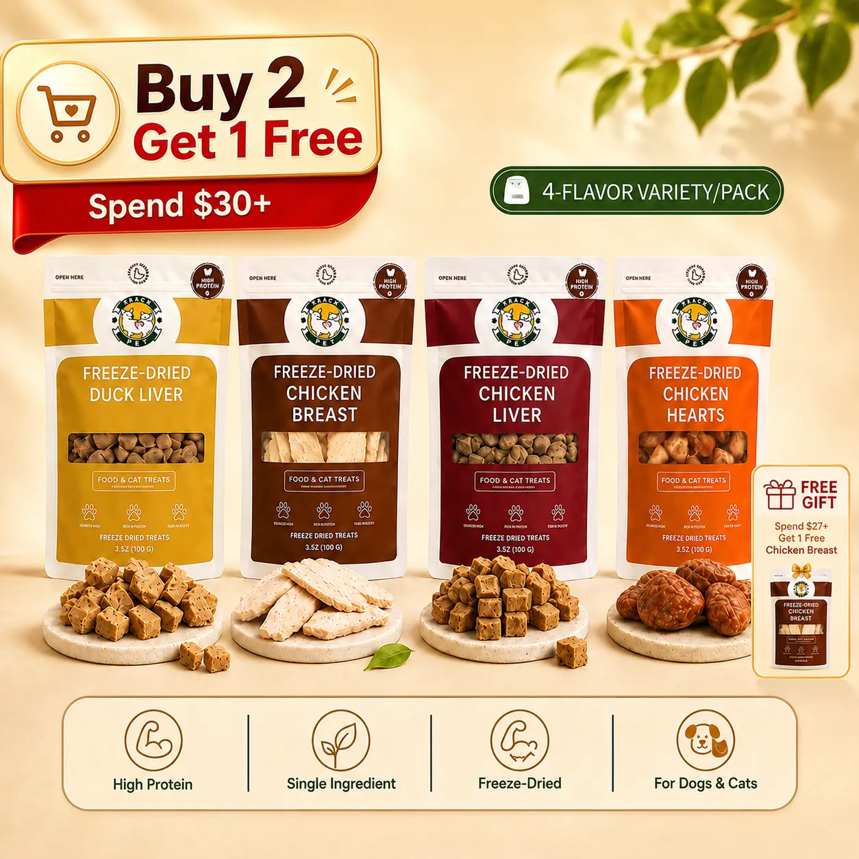 Peach Pet 4-Pack (3.5oz Each) Freeze-Dried Treats for Cats & Dogs | Variety Pack | Chicken Breast, Chicken Liver, Chicken Heart & Duck Liver | All-Natural | High Protein