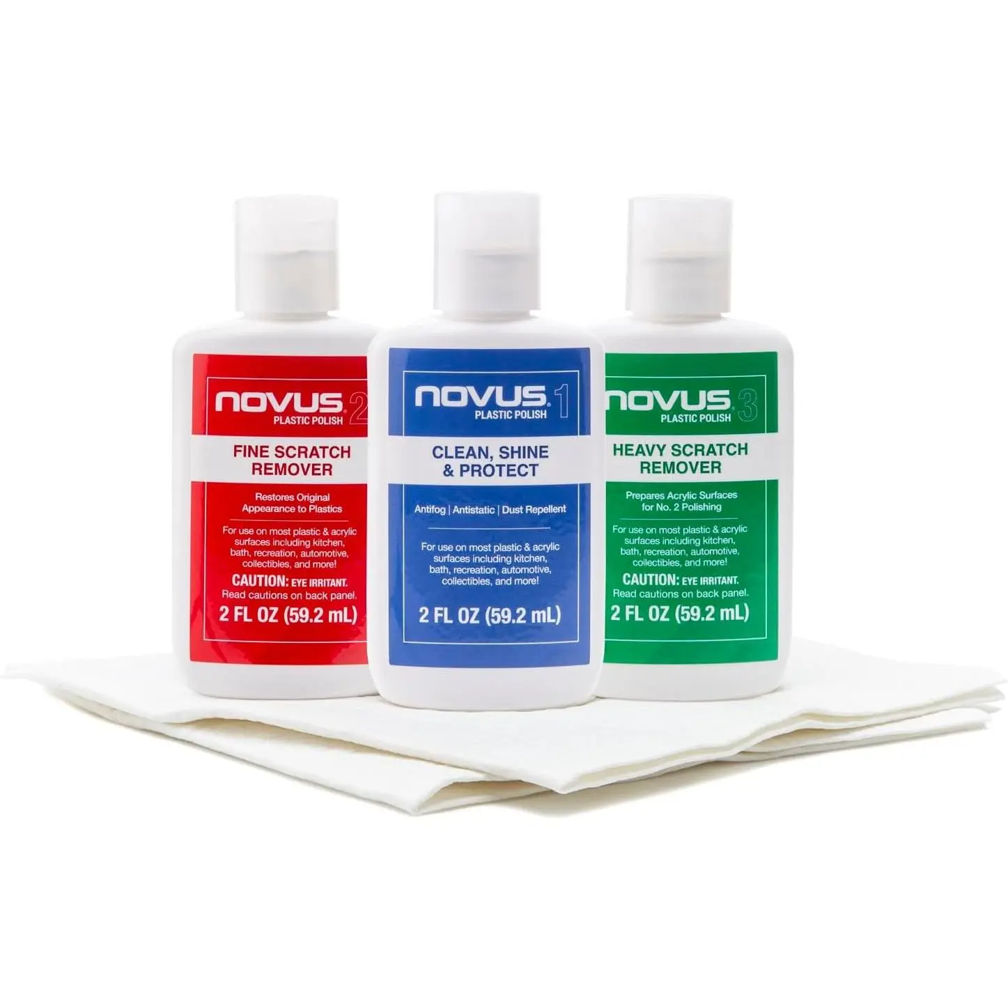 NOVUS-PK1-2 | Plastic Clean & Shine #1, Fine Scratch Remover #2, Heavy Scratch Remover #3 and Polish Mates Pack | 2 Ounce Bottles Gift