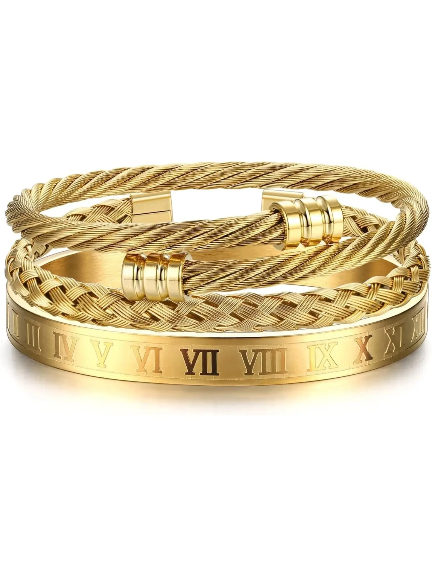 Totem 3 Pcs Golden Roman Script Bracelets, Stainless Steel Bracelets for Men Women, Roman Numeral Bangle, Adjustable Cuff, Twisted Cable Bracelet Jewelry Set, Fashionable Bracelet Style