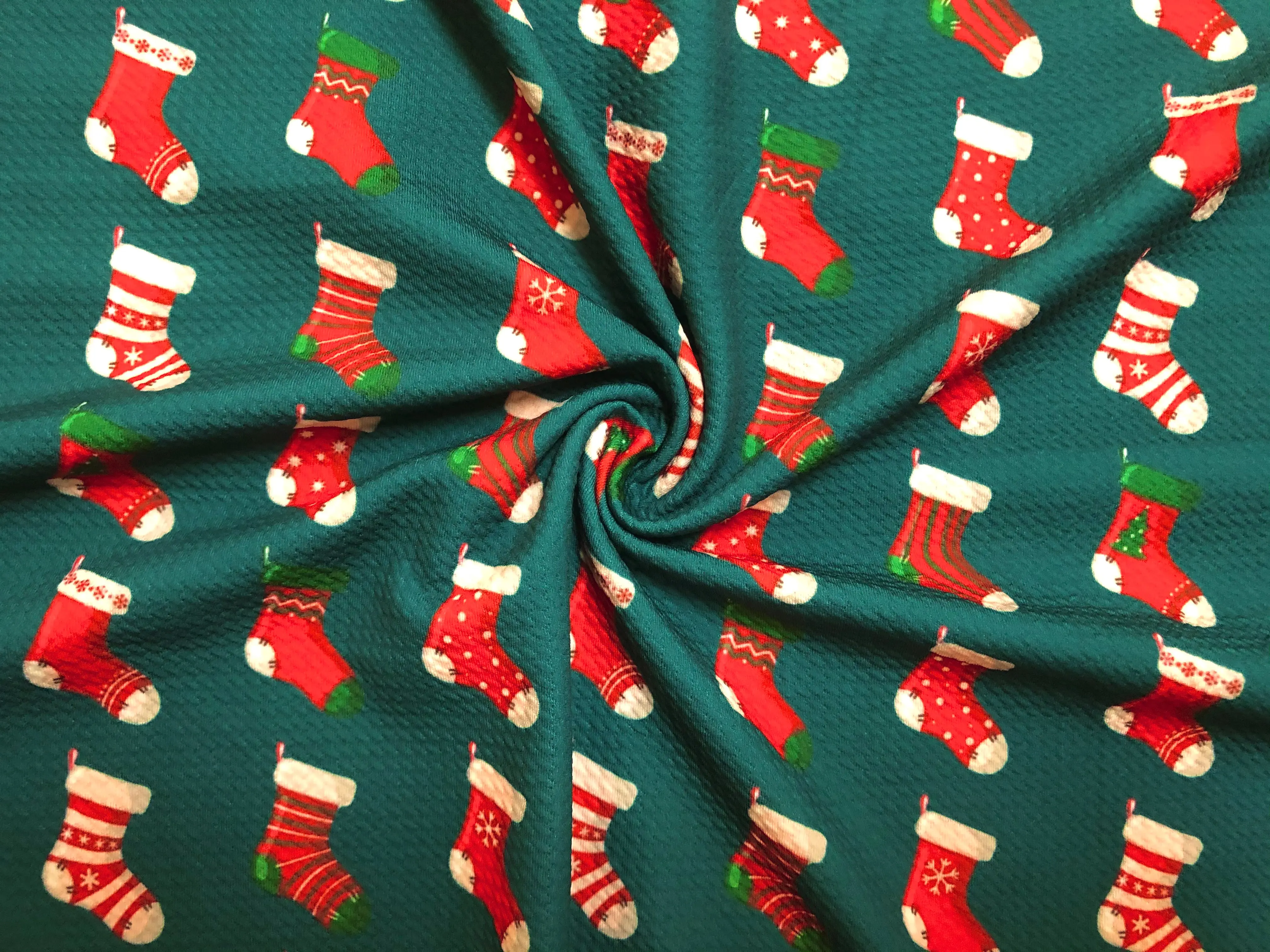 Hunter Green Christmas Stocking Bullet Knit Fabric – Textured 4 Way Stretch, 58" Wide, 200 GSM – By the Yard (BPR190)