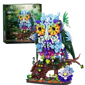 Mini Block Flower Owl Toy Set, Flower and Animal Series Desktop Art Architecture Set, Adult Halloween Christmas Birthday Gift