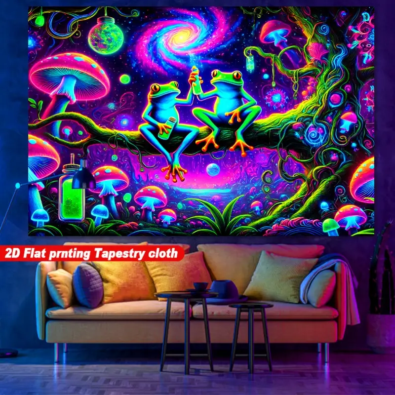 1pc Vibrant Frog Tapestry - Colorful Neon Frog Scene with Mushrooms And Nebulae, Ideal for Party Decor, Polyester Fabric, for Party Decoration |   Vibrant Wall Art |   Durable Decor Fabric, Frog Decor