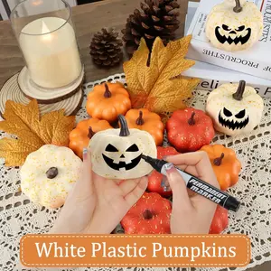 16PCS Artificial Mini Fake Pumpkins Set with Fall Leaves Foam Plastic Carvable DIY Small White Craft Pumpkins Decor for Thanksgiving Halloween Home Fall Porch Table Decor