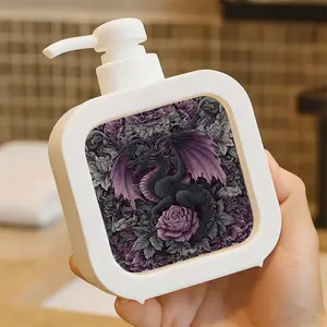 Creative Bathroom Dispenser with Hand Pump - Gothic Fantasy Dragon, Dark Mythical Dragon with Pinkish-Purple Underbelly, Intricate Floral Peony Background, Dark Purple Black Gray Color Palette, Ominous Elegant Design for Soap Lotion