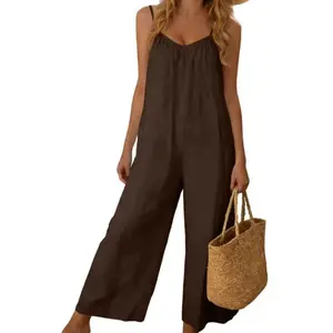 VVZ Womens Backless Jumpsuit Sleeveless Tie Back Long Wide Leg Romper with Side Pockets Casual Loungewear Outfit