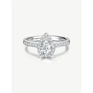"Promise in Bloom" Lab Grown Diamond Halo Pear Engagement Ring in Sterling Silver Promise Anniversary Wedding Ring for Women (0.3-1 Carat Center Stone)