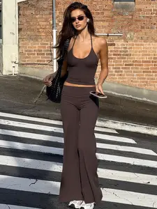 Women's Casual Two-Piece Sports Set, Halter Neck Low Cut Top with Slim Flare Pants, Stylish Activewear for Everyday Comfort, Yoga Clothes Set, Activewear Clothing