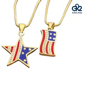 3Pcs TikTok Viral 4th of July American Flag Pendant Necklace Set - Gold Plated Enamel Iced Out Necklaces for Women