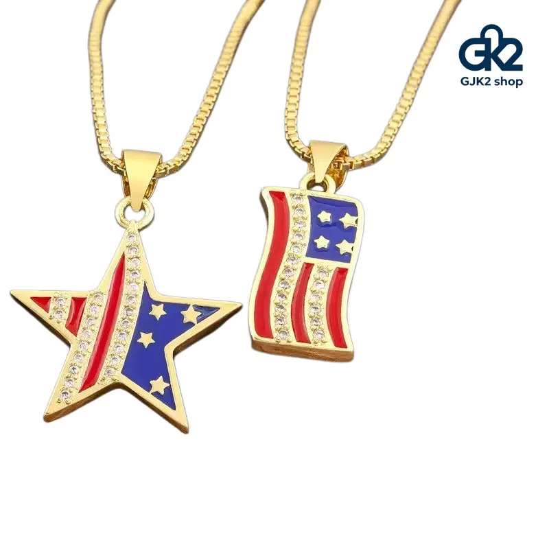 Iced Out American Flag Necklace Set for Women, 3pc Gold Plated Enamel Pendants, Patriotic Fashion Matching Jewelry for 4th of July, Fashion Matching Necklace, Exquisite Trendy Pendant, Flag-Shaped Pendant Jewelry Sets, Star Pendant Jewelry Sets