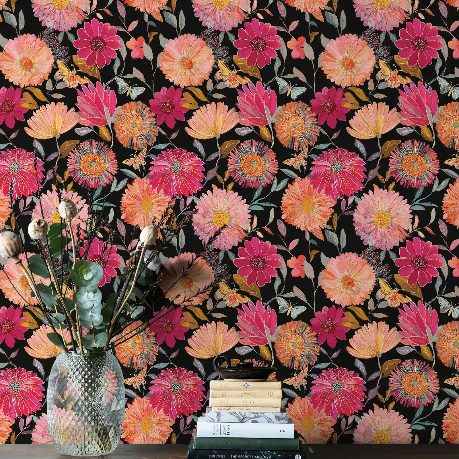 JiffDiff Pink Floral Peel and Stick Wallpaper, Removable Self Adhesive Botanical Flower Wallpaper, Vintage Garden Contact Paper for Bedroom, Bathroom, Accent Wall, Closet and DIY Room Makeover