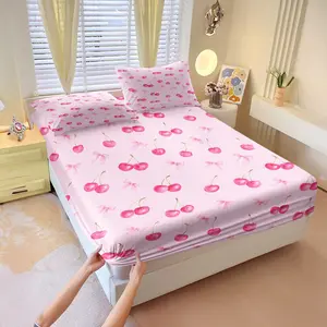 Pink Cherry Bow Print Bed Sheet Set, Includes 1 Fitted Sheet & 2 Pillowcases without Filler, sweet & girlish, soft, skin-friendly & breathable, perfect for sweet girl’s bedroom, great for daily use & gifting.