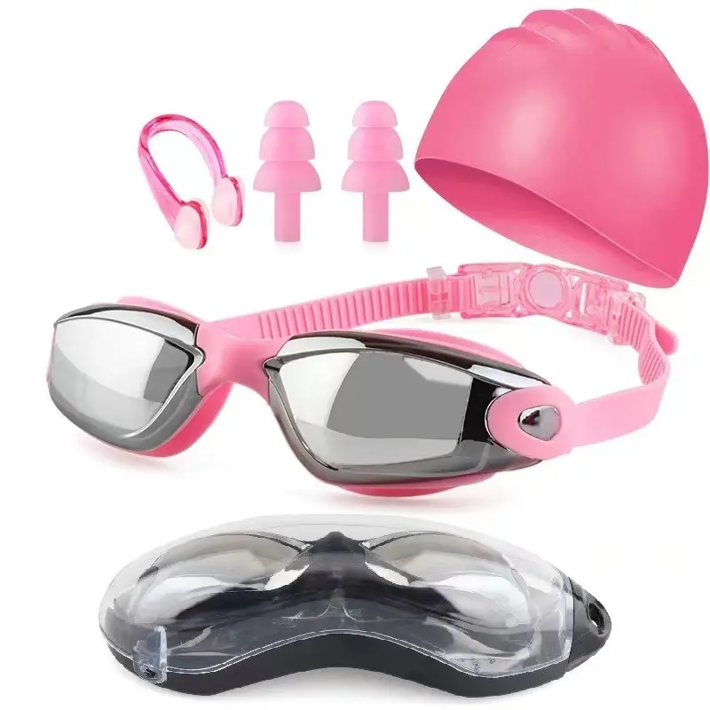4-Piece Swim Set (Includes Goggles, Swim Cap, Nose Clip, Earplugs, and Storage Case) — Complete Adult Swimming Accessory Kit. Features Adjustable Goggles and Silicone Swim Cap. Unisex Design—Ideal for Pools, Training, and Beach Vacations.