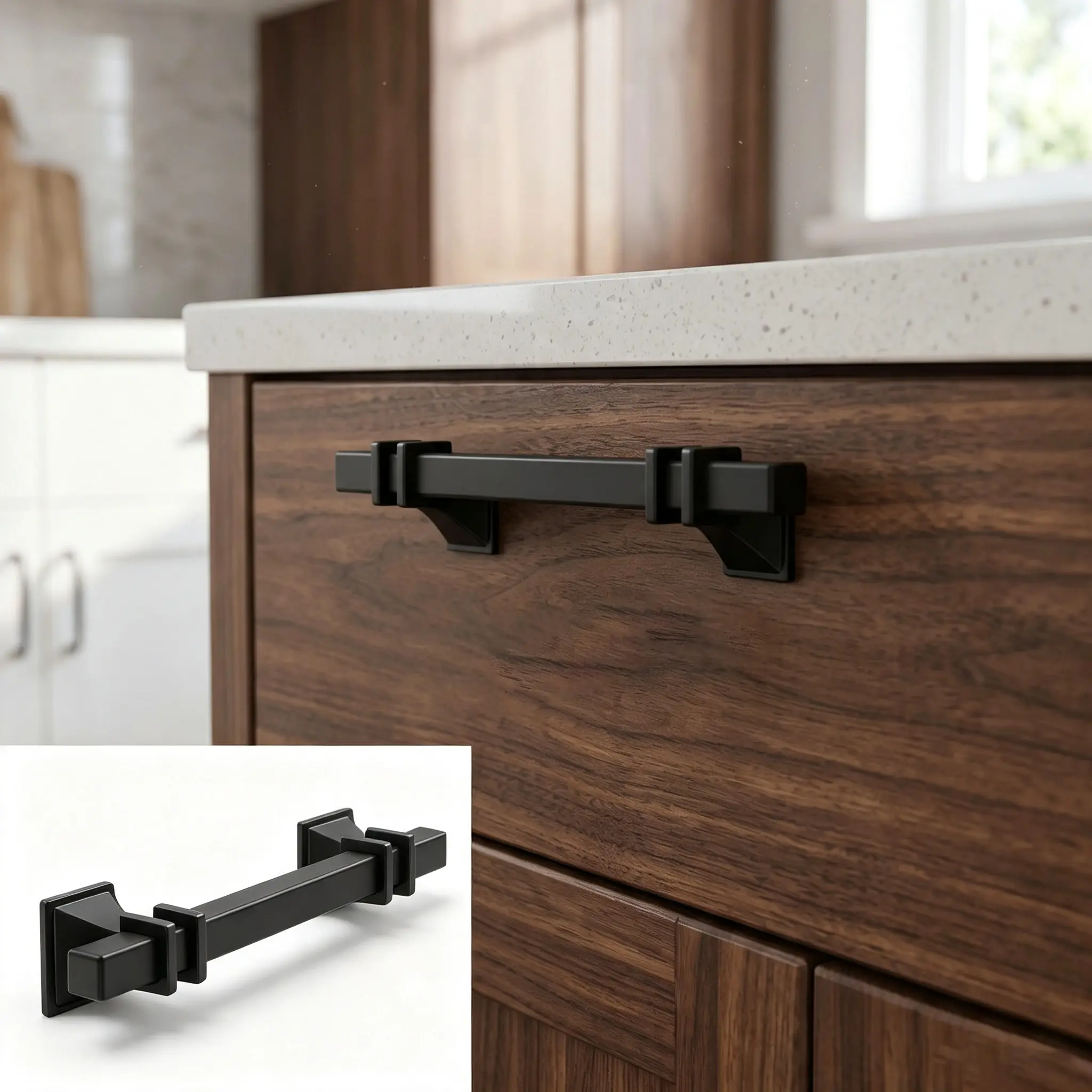 【IdealHouse】Matte Black Cabinet Pulls, 10 Pack - 5 Inch Modern Square Drawer Handles, Zinc Alloy Hardware - For Kitchen Cabinets, Dressers, Wardrobes, Closets, Bathroom Vanities, 3 Inch Hole Centers