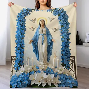 Our Lady of Grace Virgin Mary Blanket, Blue Orchid & Angel Christian Throw, Inspirational Catholic Faith Gift, Soft Cozy Religious Home Decor ,Christian Gifts for Women Blanket  ,Mother's Day Gift for Mom