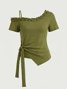 Olive Green Ribbed One-Shoulder Ruffle Short Tee - 2026 Trending French Pure Desire Style, Soft Fabric Perfect for Date & Office Top