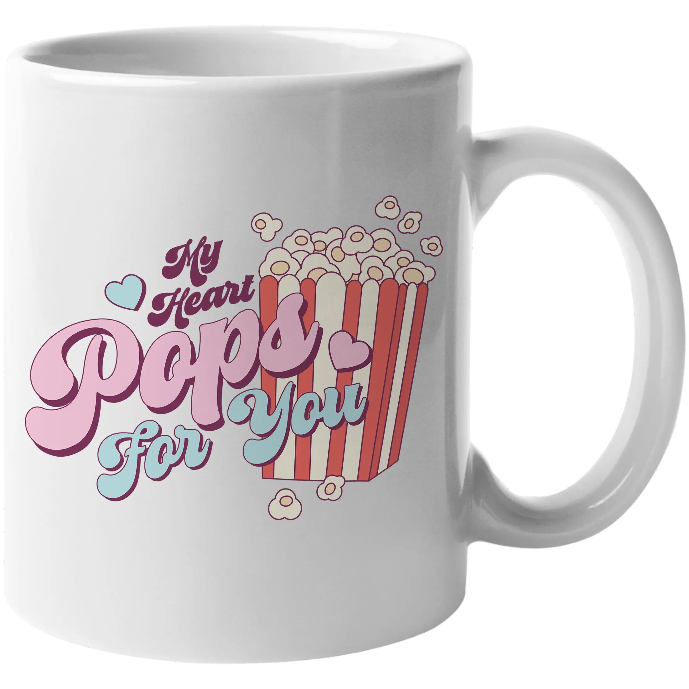 My Heart Pops for You with Retro Valentine's Day Popcorn Art Merch Gift, White 11oz Ceramic Mug