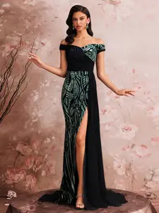 Elegant Evening Gown for Formal Events, Custom Colorblock Floral Sequins, Stretchy, Adjustable Back Tie, Slit, Perfect for Birthdays & Activities