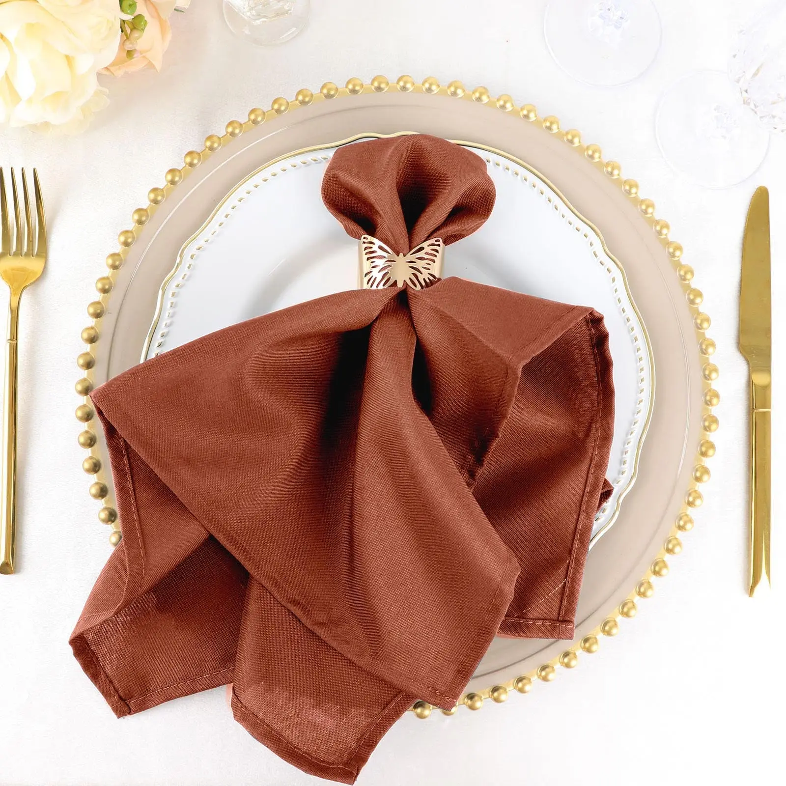 5 Pack Premium Polyester Napkins 20"x20" Terracotta (Rust) - Durable & Wrinkle Resistant Dinner Napkins