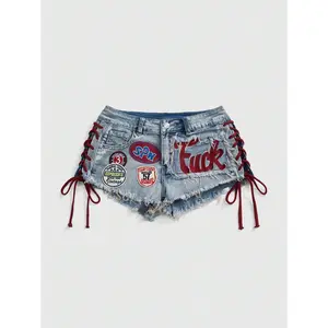 Spring/Summer Women's Y2K Retro Jersey Sports Ballet Style Graphic Logo Embroidered Drawstring Low Waist Mini Denim Shorts