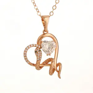 Edgy Romantic Snake Heart Pendant Necklace Rose Gold Plated Hypoallergenic with Cubic Zirconia & Green Gemstone 50cm Chain