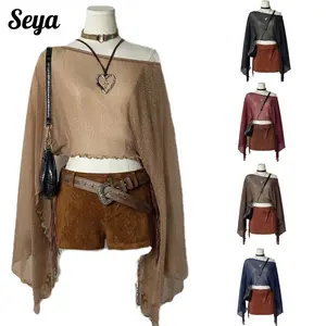 Seya 2026 Spring/Summer Women's Long-Sleeve Off-Shoulder Knit Pullover, Sexy Shimmer Navy Solid Color Hollow-Out Fabric Top, Boho Casual Beach Coverup for Music Festival Outfits Sheer Mesh Crochet Poncho