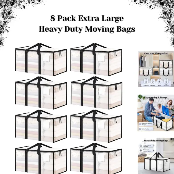 8 Pack XL Clear Moving Bags with Lids, Heavy Duty Storage Bags with Zipper & Handles, Reusable Clothes Moving Boxes, Dorm Storage, Blanket Organizer, Closet Storage Bins, Packing Supplies