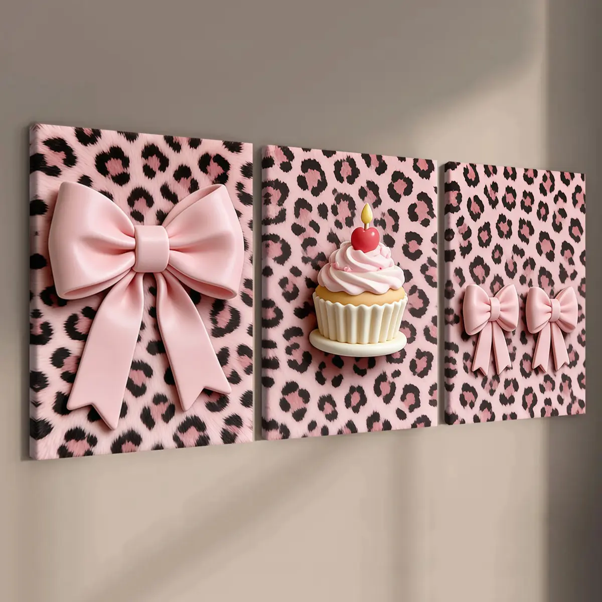3-count wooden frame canvas, pink leopard print cake bow poster, atmosphere girlish and Valentine's Day romantic decoration poster, modern family poster, fashionable living room artistic decoration art, suitable for corridor