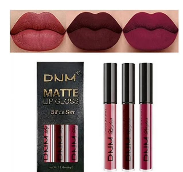 evpct 3Pcs Dark Red Purple Matte 24-hour Liquid Lipstick Sets,DNM Matte Lipstick Lip Stain Long Lasting 24 Smudge Waterproof Lip Gloss Gift Set Matt Lipsticks Set Matt Liquid Women Makeup Lipstick 06 Moisturizing Beeswax