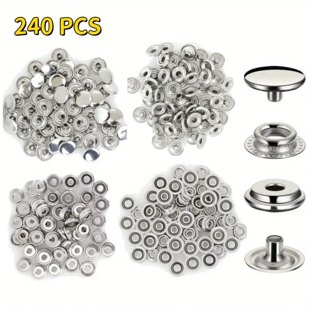 240-Pcs Stainless Steel Snap Button Kit with 15mm Heavy-Duty Snap Press Head, Suitable for Boat Canvas Bags, Leather DIY Crafts, Vests, Tops, Garments, Sportswear, Lawn Furniture