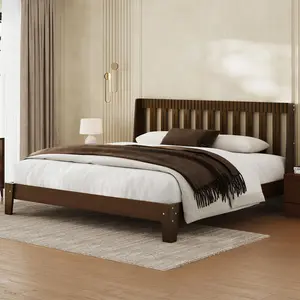 Belffin Queen Bed Frame with 47'' Headboard, Wooden Japanese Platform Bed with Wood Slats, Modern Bed Frame with Storage&Charging Station, Easy Assembly, Noise Free, Brown