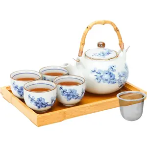 Set Porcelain  Set with Teapot and  Cup Set for 4, Blue and White  Sets for Adults with Stainless Infuser and  Tray,   Set for  Lovers/Women/Men (Plum & )