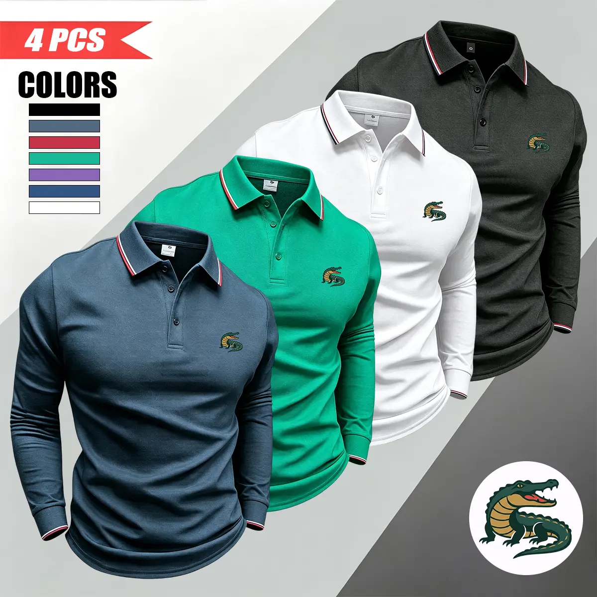 Men’s fashion polo shirt set – four pieces; long sleeves, comfortable athletic design with crocodile print details, casual fitness avant-garde style, 100% polyester, suitable for everyday office wear and leisure.