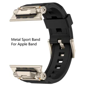 Metallic Sport Band for  Apple Watch Ultra 2/Ultra 49mm - Durable Silicone Strap with Stainless Steel Connector, Compatible with Apple Watch Series 10/9/8/7/6/5/4/3/SE (Fits 42-49mm Models)-Black Smartwatch Strap Smart Watch Straps (Watch Not Included)