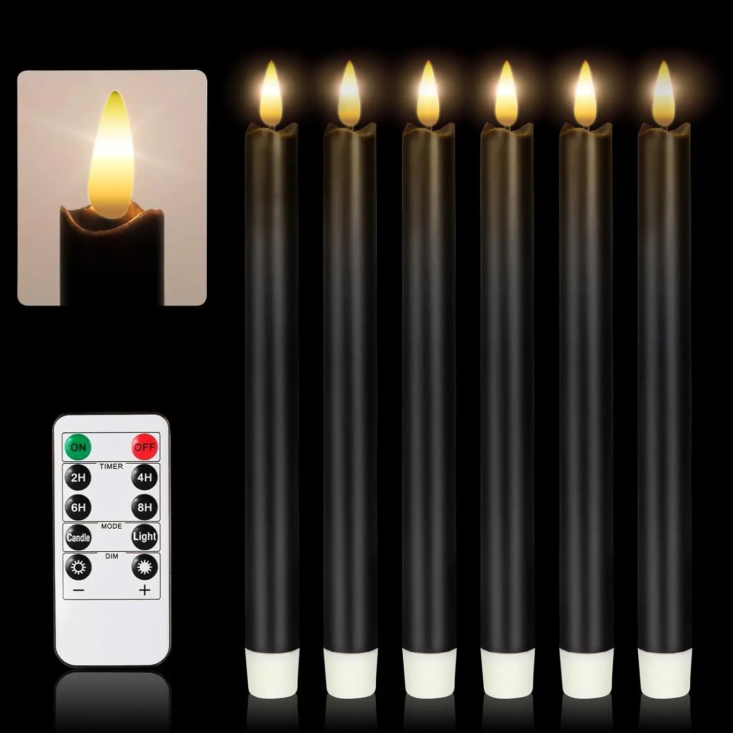 6pcs Artificial 9.6-inch Tall LED Flameless Black Conical Candle Flicker With Remote Control Battery Powered Timer, 3D Wick Light True Wax, Slender Columns For Candlestick Christmas Prayer Romance candle lamp led candlelights candle warmer