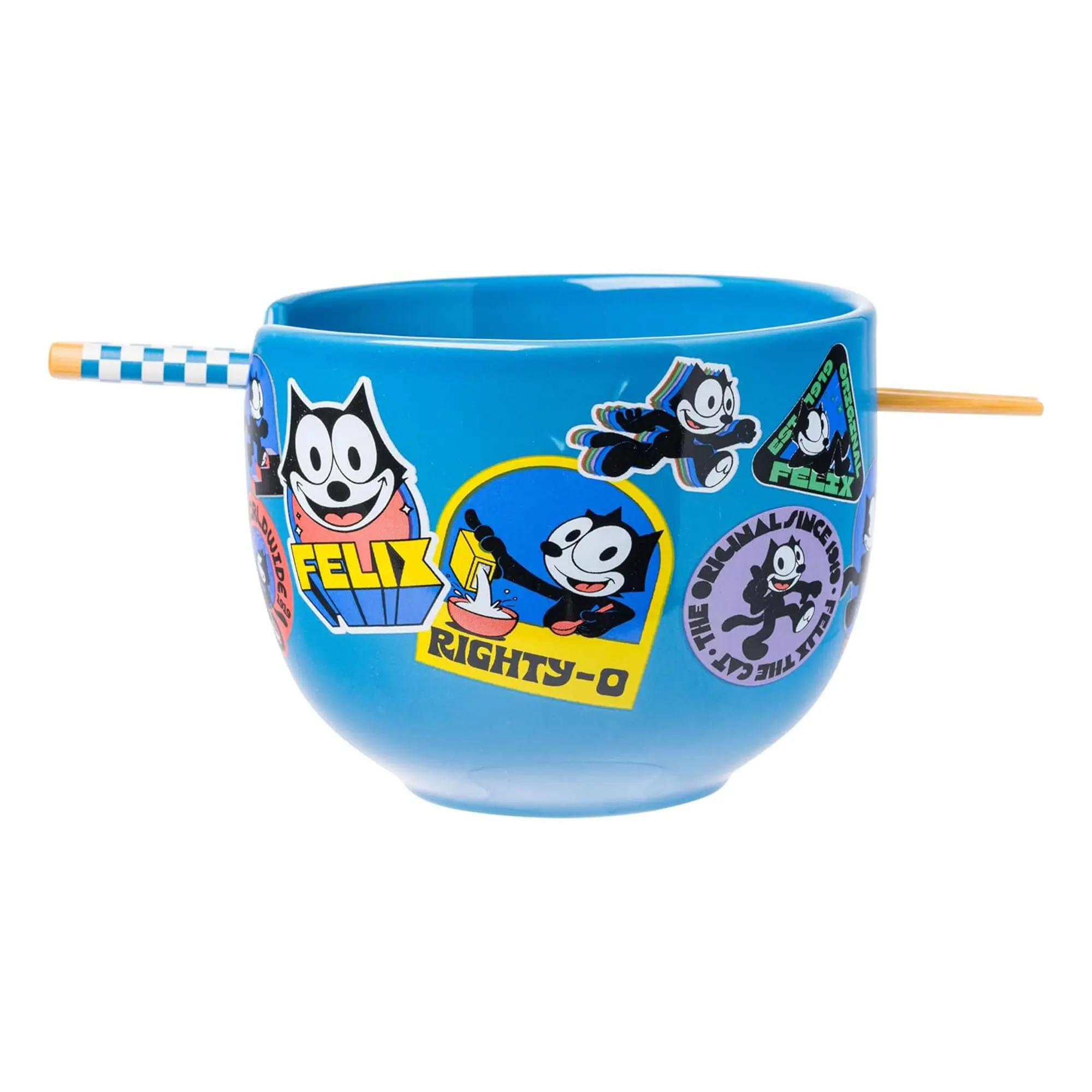 Felix the Cat OG Felix Badges 20oz Ceramic Ramen Bowl Set with Chopsticks, Kitchen Tableware