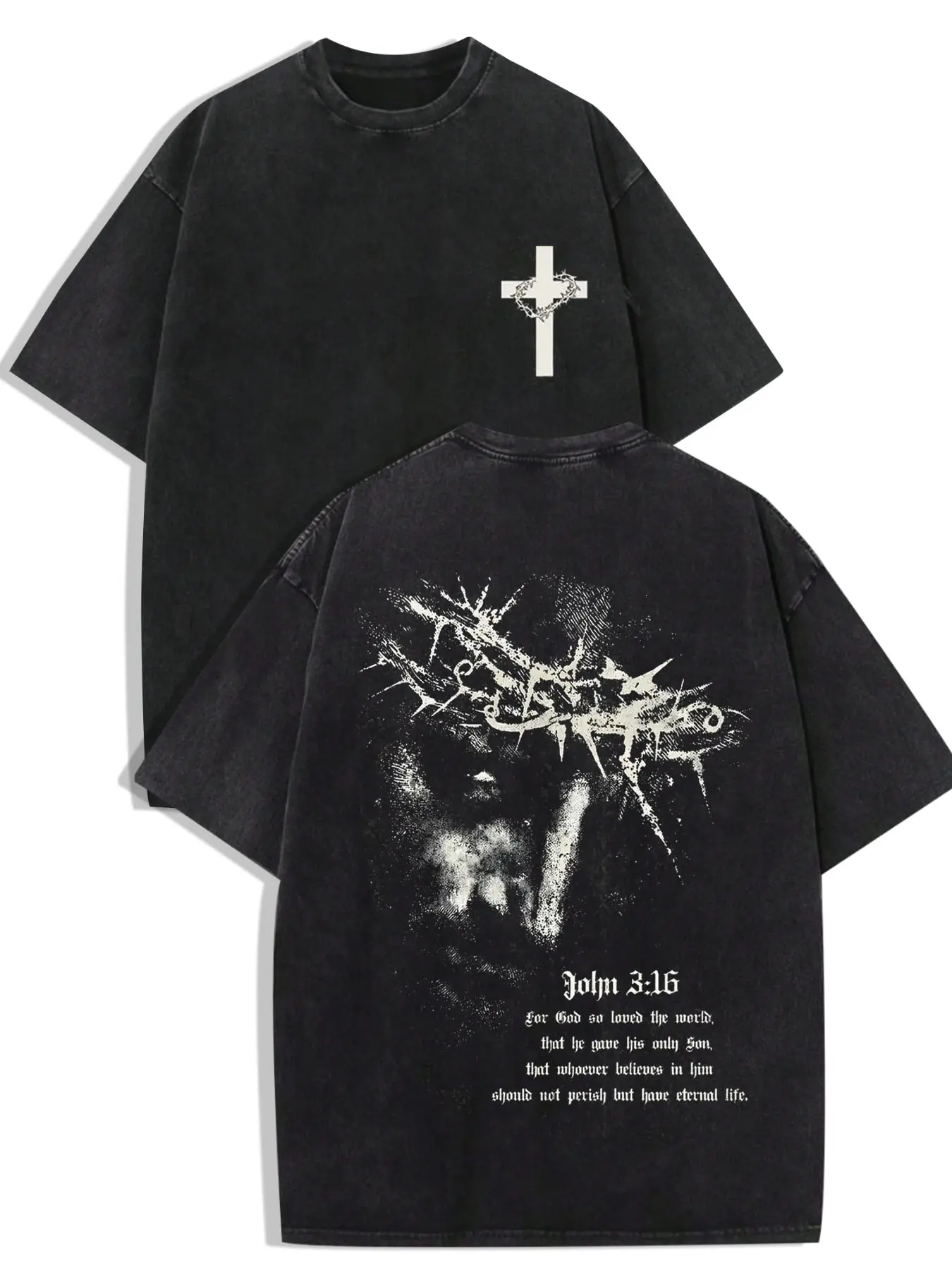 1 PCS Thorn Cross Back John 3:16 Crown of Thorns Jesus Portrait Double Sided Vintage Graphic Print, Dark Christian Grunge Streetwear Tee, Soft Breathable Unisex Top For Faith Believers Casual Outfit