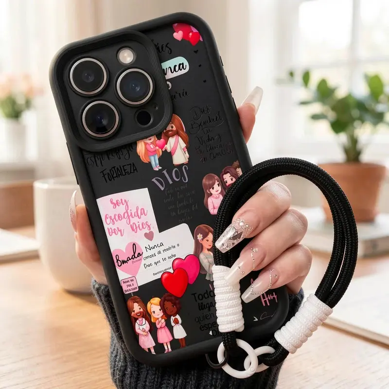 Cartoon Jesus Pattern Smartphone Casing, Soft Silicone Handheld Phone Case with Wrist Strap, Full Protection Shockproof Cover for iPhone 17 17E 16 16E 15 Pro Max 14 13 12 11 X Plus Air (Christian Design)
