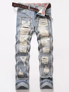 Men's Casual Ripped Distressed Denim Jeans with Patch Repair, Classic Vintage Wash Straight Leg Pants, Streetwear Street Style Wide Leg Design, Unique Patchwork