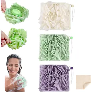 【GiftsFU】【Black Friday】Washcloth Loofah Combo 2-in-1 Loufee Washcloth That Holds Bar Soap-Exfoliation Mesh Shower Ball for Body Wash & Smooth Skin+Free Loofah Dish Towel (White+Green+Purple)