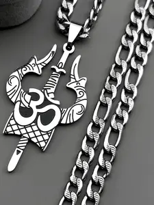 Stainless Steel Indian Yoga Shiva Trishula Om Symbol Pendant Necklace Spiritual Jewelry Women Men Unisex Design Silver Color Buddhism Hindu Cuban Chain