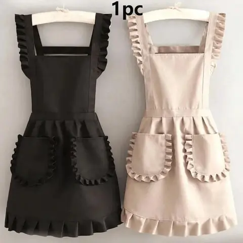 Fashion Korean Style Chic Apron, Princess Wind Canvas Apron with Pockets, Polyester Material, Simple Apron with Pockets, Thick Waist Apron, Kitchen Workwear, Kitchen Cooking Apron