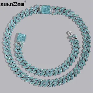 14mm Iced Out Rhombus Prong Cuban Link Chain Necklace for Women Color Rhinestones Paved Cuban Choker Necklace HipHop Men Jewelry