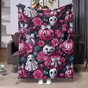Floral & Skull Pattern Blanket, Soft Throw Blanket, Air-conditioned Room Blanket, Warm Nap Blanket for Home Office Travel Camping, Halloween