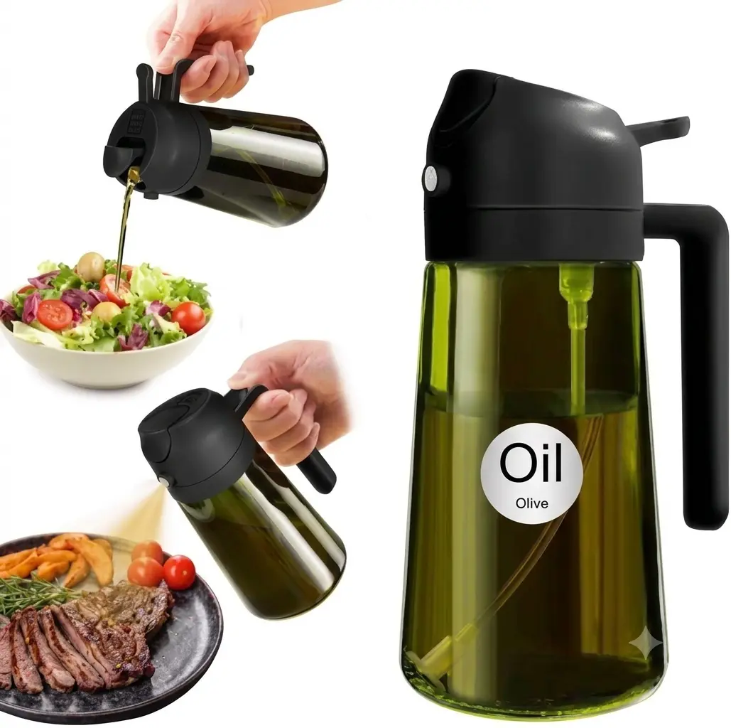 2PCS 2 in 1  Oilpot Sprayer for Cooking 16oz/470ml Light-Blocking Dark Olive Oil Dispenser Bottle for KitchenPremium Dark Green Glass Oil Bottle, Food-Grade Oil Mister for Air Fryer, BBQ