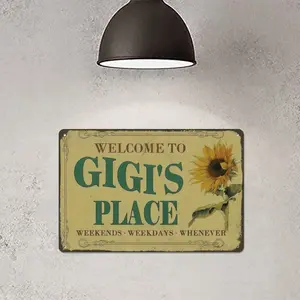 1pc 12×8 in Gigi's Place Sunflower Welcome Tin Sign, Distressed Vintage Rustic Aluminum Wall Plaque, Pre-drilled Farmhouse Flower Traditional Home Decor for Porch Kitchen, Farmhouse Home Signs, Flower Home Signs
