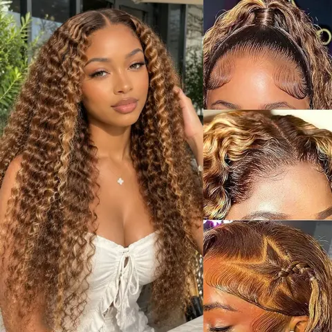VRbest Women's 13x6 Deep Wave HD Lace Front Wig, 30 in 4/27 Honey Blonde Highlight Ombre Human Hair Wig, Pre-Plucked with Baby Hair (Summer Hairstyles), Blonde Human Hair Wig, Highlight Wig Human Hair