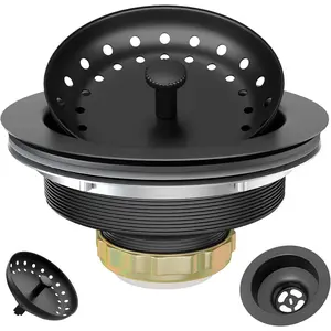 Black Sink Drain 3-1/2 Inch Matte Black Kitchen Sink Drain Strainer Assembly Kit with Strainer Basket and Drain Stopper for Standard Kitchen Sink Stainless Steel